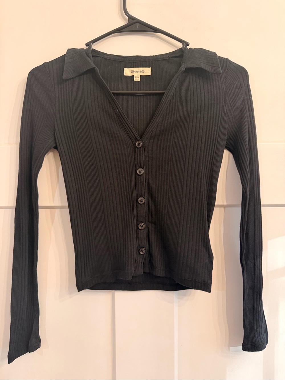 Madewell Black Ribbed Button-Front Collared Top Black XXS Like New